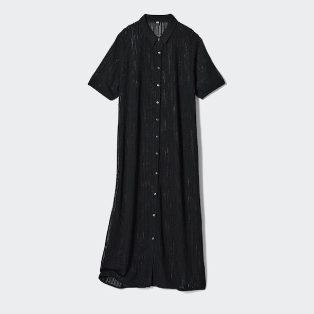 UNIQLO Lace Knit Dress Wool A-line Button Down Black  XS Open Knit midi collared - Picture 2 of 14